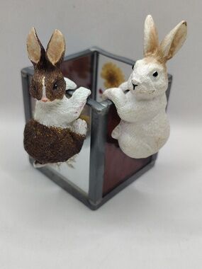 Decorative Brown & White Bunny Figurine Pair That Hang From Planters, Etc. 3.5"